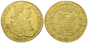 CARLOS IV. 8 escudos. 1803. Nuevo Reino. JJ. AU 26,89 g. 36,1 mm. VI-1361. Hojita en rev. y pequeñas marcas. MBC+.