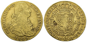 CARLOS IV. 8 escudos. 1805. Nuevo Reino. JJ. AU 26,76 g. 35,8 mm. VI-1363. Hoja en rev. y 3 golpecitos en canto. MBC-.