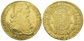 CARLOS IV. 8 escudos. 1806. Nuevo Reino. JJ. AU 26,97 g. 36,2 mm. VI-1364. 2 golpes en canto. MBC.