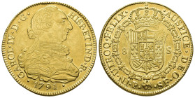 CARLOS IV. 8 escudos. 1791. Popayán. SF. AU 27 g. 36,7 mm. VI-1371. Rayita circular en la cara. R.B.O. EBC/EBC-.