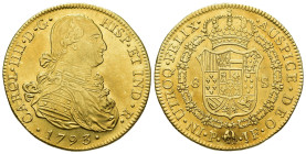 CARLOS IV. 8 escudos. 1793. Popayán. JF. AU 26,96 g. 37,1 mm. VI-1373. R.B.O. EBC-/EBC.