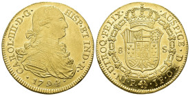 CARLOS IV. 8 escudos. 1794. Popayán. JF. AU 27,06 g. 36,9 mm. VI-1374. R.B.O. EBC-/EBC.