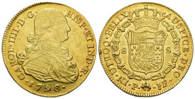 CARLOS IV. 8 escudos. 1798. Popayán. JF. AU 27,01 g. 37,6 mm. VI-1378. Rayitas de ajuste en anv. y rev. R.B.O. MBC+/EBC.