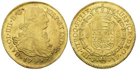 CARLOS IV. 8 escudos. 1799. Popayán. JF. AU 27 g. 38,9 mm. VI-1379. Rayitas de acuñación en rev. Ligeras trazas de limpieza. R.B.O. MBC/EBC-.