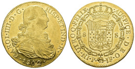 CARLOS IV. 8 escudos. 1802. Popayán. JF. AU 27,04 g. 36,1 mm. VI-1382. Acuñación algo floja en anv. B.O. EBC-/EBC+.