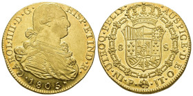 CARLOS IV. 8 escudos. 1805. Popayán. JT. AU 27,06 g. 35,5 mm. VI-1386. B.O. EBC-/EBC+.