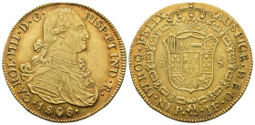 CARLOS IV. 8 escudos. 1808. Popayán. JF. AU 27,03 g. 37,2 mm. VI-1390. Pequeños defectos de cospel. Ligera pátina rojiza. MBC+/MBC.