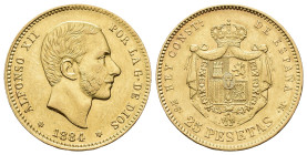 ALFONSO XII. 25 pesetas. 1884*18-84. Madrid. MSM. AU 8,04 g. 24,1 mm. VII-113. R.B.O. EBC-/EBC.