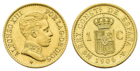 ALFONSO XIII. Céntimo. 1906*6. Madrid. SMV. 0,95 g. 15,9 mm. VII-127. Sobredorada. EBC. Rara.