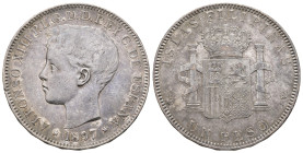 ALFONSO XIII. Peso. 1897. Manila. SGV. AR 24,86 g. 37,4 mm. VII-192. Pequeñas marcas. MBC+/MBC.