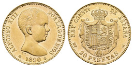 ALFONSO XIII. 20 pesetas. 1890*18-90. Madrid. MPM. AU 6,44 g. 21,1 mm. VII-195. Pleno B.O.- SC.