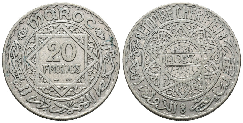 MONEDAS EXTRANJERAS. MARRUECOS. 20 francos. 1347 H. París. AR 19,93 g. 34,7 mm. ...