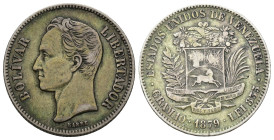 MONEDAS EXTRANJERAS. VENEZUELA. 2 bolívares. 1879. AR 9,94 g. 27 mm. KM-15. MBC-.