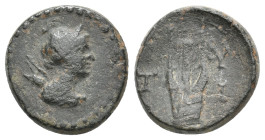 THRACE. Byzantion. Ae (1st century).4.19g 15.8m
Obv: Laureate head of Apollo right.
Rev: BYZAN. Lyre.

RPC 1772; SNG Copenhagen 496.