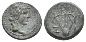 MYSIA, Kyzikos. (1st century BC). AE.2.52g 14.9m
Obv: Draped bust of Kore to right, her hair tied up in a bun at the back.
Rev: Κ -Υ | Ζ - Ι . Lyre; m...