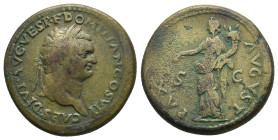 DOMITIAN (Caesar, 69-81). Sestertius. Rome.
Obv: CAES DIVI AVG VESP DOMITIANVS COS VII, laureate head to right
Rev: PAX AVGVST, Pax standing to left...