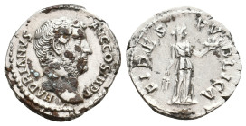 HADRIAN, (117-138 AD). AR, Denarius. Rome.
Obv: HADRIANVS - AVG COS III P P, “Hadrianus Augustus Consul tertium Pater Patriæ”,
Rev: FIDES - PVBLICA,...