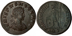 CRISPUS. Æ 2/Æ 3. Aquileia.
Date: AD 317

RIC VII Aquileia 9

Obv: CRISPVS NOB CAES ; Bust of Crispus, laureate, draped, cuirassed, right.
Rev: ...