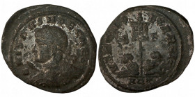 CRISPUS. Æ 2/Æ 3. Aquileia.
Date: AD 320

RIC VII Aquileia 53

Obv: CRISPVS NOB CAES ; Bust of Crispus, laureate, cuirassed, left, holding spear ...