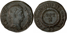 CRISPUS. Æ 2/Æ 3. Rome.
Date: AD 321

RIC VII Rome 240

Obv: CRISPVS - NOB CAES ; Head of Crispus, laureate, right.
Rev: CAESARVM NOSTRORVM ; VO...