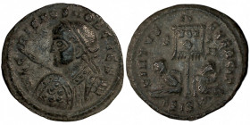 CRISPUS. Æ 2/Æ 3. Siscia.
Date: AD 320

RIC VII Siscia 130

Obv: IVL CRISPVS NOB CAES ; Bust of Crispus, laureate, cuirassed, left, holding spear...