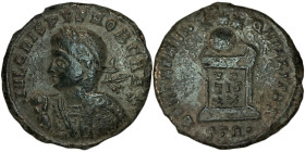 CRISPUS. Æ 2/Æ 3. Trier.
Date: AD 322

RIC VII Treveri 347

Obv: IVL CRISPVS NOB CAES ; Bust of Crispus, laureate, cuirassed, left, holding spear...
