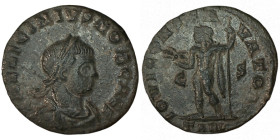LICINIUS II. Æ 2/Æ 3. Arelate.
Date Range: AD 317 - AD 318

RIC VII Arelate 142

Obv: VAL LICINIVS NOB CAES ; Bust of Licinius II, laureate, drap...