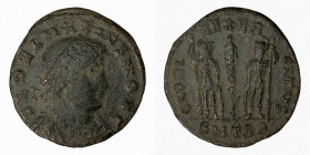 DALMATIUS. Æ 2/Æ 3. Thessalonica.
Date Range: AD 336 - AD 337

RIC VII Thessalonica 228

Obv: FL DELMATIVS NOB C ; Bust of Dalmatius, laureate, d...