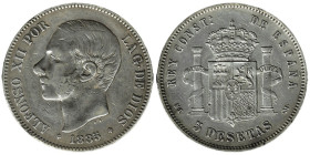 SPAIN. Alfonso XII. 5 Pesetas.
Date: 1885 ; Star: 87
MintMark: MP M

KM# 688