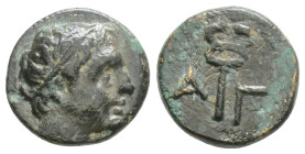 Greek Coins, THRACE. Agathopolis. Ae (Circa 300 BC). 1,3 g. 11,1 mm. 
Obv: Diademed young male head right.
Rev: A - Γ. Kerykeion. BMC -; Head HN, p....