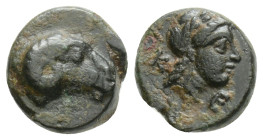 Greek, TROAS, Kebren (Circa 400-387 BC), AE Bronze (9,7 mm, 0.9g)
Ram’s head right; grain kernel below / Laureate head of Apollo right.
SNG von Aulo...