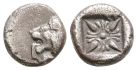 Greek IONIA, Miletos (Circa Late 6th-early 5th century BC) AR Diobol (9.1 mm, 1 g)
Obv: Forepart of lion right, head reverted.
Rev: Stellate pattern...