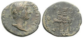 Roman Imperial, Hadrian. A.D. 117-138. AE quadrans (17 mm, 2,3 g, ). Rome mint. HADRIANVS AVGVSTVS, laureate head right / COS III, three standards; S-...