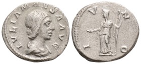 Julia Maesa AR Denarius. Antioch, AD 218-220. IVLIA MAESA AVG, draped bust right / IVNO, Juno standing left, holding patera and sceptre; peacock at fe...