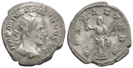 Philip I - Pax Antoninianus. 244-245 AD. 3,6 g. 23 mm. Rome mint. Obv: IMP M IVL PHILIPPVS AVG legend with radiate, draped and cuirassed bust right. R...