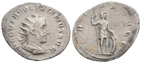 Roman Imperial, Volusian AR Antoninianus. Rome, AD 251-253. IMP C C VIB VOLVSIANVS AVG, radiate, draped and cuirassed bust right / VIRTVS AVGG, Virtus...