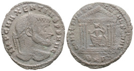 Roman Imperial, Maxentius (307-312), Follis, Rome, 307-8, 5,3 g, 26,5 mm. Laureate head right / Roma seated facing, head left, within hexastyle temple...