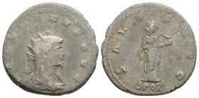 Gallienus AD 253-268. Asian mint Antoninianus Æ, silvered, 21,2 mm, 3,5 g
GALLIENVS AVG, radiate, draped bust right / SALVS AVG, Salus standing right...