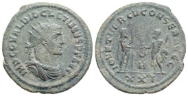 Diocletian BI Nummus. Antioch, AD 293-295. IMP C C VAL DIOCLETIANVS P F AVG, radiate, draped and cuirassed bust to right 
/ IOV ET HERCV CONSER AVGG,...