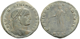 Roman Imperial, Maximinus II, as Caesar, Æ Nummus. Heraclea, AD 305-306. GAL VAL MAXIMINVS NOB CAES, laureate head right / GENIO POPVLI ROMANI, Genius...