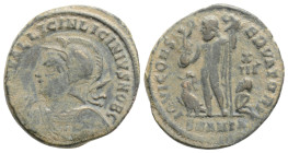 Licinius II (Caesar, 317-324). AE Follis , Antioch mint, 321-323 AD. Obv. Helmeted and cuirassed bust left, holding spear over should, shield on left ...