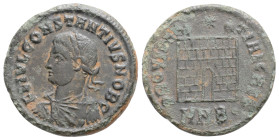 Roman Imperial, Constantius II (Caesar, 324-337). Æ Follis (18,7mm, 2,7g, 6h). Nicomedia, 325-6. Laureate, draped and cuirassed bust l. R/ Camp gate w...