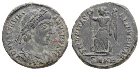 Roman Imperial, Valentinian I (364-375). Æ (18,5mm, 3 g, 6h). Cyzicus, 364-7. Pearl-diademed, draped and cuirassed bust r. R/ Valentinian standing fac...