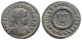 Roman Imperial, Constantine II as Caesar
Treveri, 323-324 AD. Æ nummus, 2,6 g. 12,8 mm. CONSTANTINUS IUN NOB C laureate head right / CAESARUM NOSTROR...