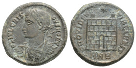 CRISPUS (Caesar, AD 316-326). 3,3 g. 19 mm. AE Follis. Nicomedia.
Obv: FL IVL CRISPVS NOB C. Laureate, draped and cuirassed bust left.
Rev: PROVIDEN...