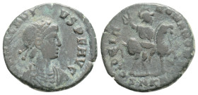 Arcadius AD 383-408. Cyzicus, Follis Æ, 16,4 mm., 2 g.
Pearl-diademed, draped, and cuirassed bust right / Arcadius on horseback riding right, raising...