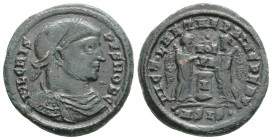Roman Imperial Crispus
Siscia, 319 AD. Æ follis, 3.8 g. 19,9 mm. CRISPUS NOB CAESAR laureate, draped,cuirassed bust right / VICTORIAE LAETAE PRINC PE...