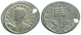 Roman Imperial, Crispus, Aquileia, 320 AD. Æ follis, 2.3 g. 21,4 mm. CRISPUS NOB CAES laureate, cuirassed bust left, holding spear and shield / VIRTUS...