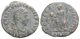 Roman Imperial, Valentinian II AD 375-392. Antioch. Follis Æ 18,3 mm., 2,6 g.
D N VALENTINIANVS P F AVG, pearl-diademed, draped and cuirassed bust ri...