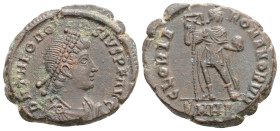 Roman Imperial, Theodosius I. A.D. 379-395. Æ 2 (16,1 mm, 4.7 g, 5 h). Heraclea mint, Struck A.D. 378-383. DN THEODOSIVS PF AVG , pearl-diademed, helm...